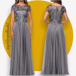 LA Femme Platinum Lace & Chiffon Prom Gown Size 8 NWT